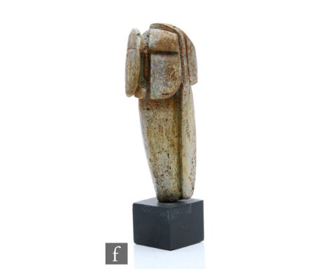Peter Hayes -&nbsp;A contemporary studio pottery sculptural form of a stylised head in abstract composition in a dark oatmeal
