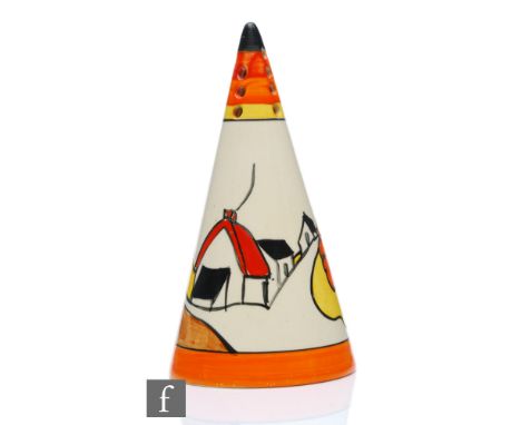 Clarice Cliff - House &amp; Bridge - A conical shape sugar sifter circa&nbsp;1932, hand painted with a stylised tree and cott