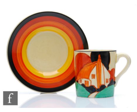 Clarice Cliff - Farmhouse - A Tankard shape coffee can and saucer circa 1932, hand painted with a stylised tree and cottage l