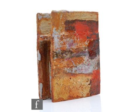 Robin Welch -&nbsp;A contemporary studio pottery vase of rectangular form with a rough textured ground decorated with tonal b