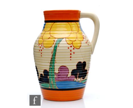 Clarice Cliff - Summerhouse - A single handled Lotus jug circa 1930, hand painted (double image) with a stylised garden lands