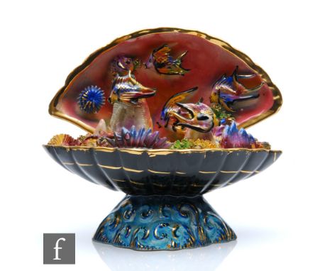 Unknown - A post war Italian lamp base formed as an open shell with fish, shells, starfish and sea grasses in brightly colour