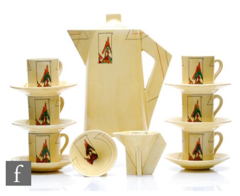 Clarice Cliff - Moderne Norge - A Conical coffee set circa 1929/1930, comprising coffee pot, cream, sugar and six Tankard sha