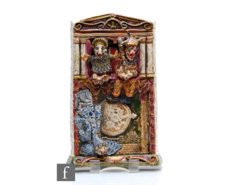 Harry Everington - Woodstringthistlefoss - A later 20th Century studio pottery wall plaque formed as a puppet theatre with se