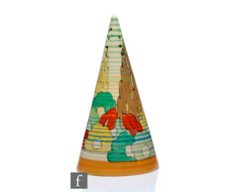 Clarice Cliff - Capri Green - A conical sugar sifter circa 1934, hand painted with a stylised garden scene with flowers and b