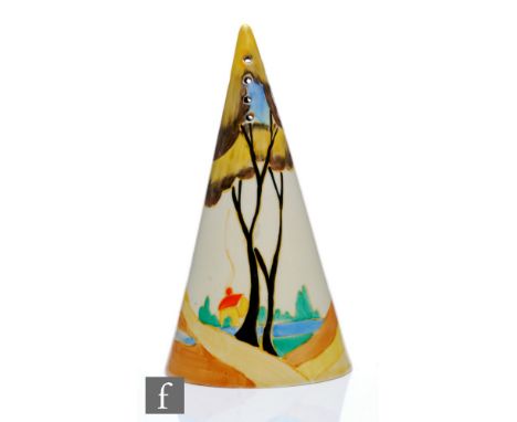 Clarice Cliff - Ferndale - A conical sugar sifter circa 1936, hand painted with a stylised tree and cottage landscape, Bizarr