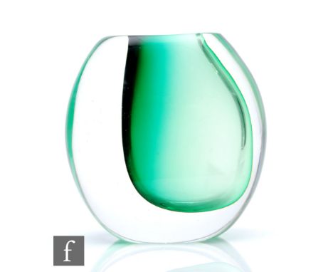 Vicke Lindstrand - Kosta - A post war glass vase of compressed ovoid form, with an off centre green core cased in clear cryst