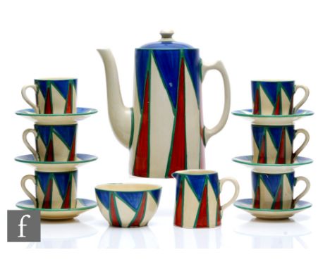 Clarice Cliff - Original Bizarre - A Tankard shape coffee set circa 1929, comprising coffee pot, milk, sugar, six cups and sa