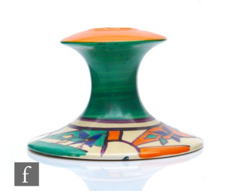 Clarice Cliff - Sunray Leaves - A shape 310 candlestick circa 1929, hand painted with abstract flowers over a sunburst motif 