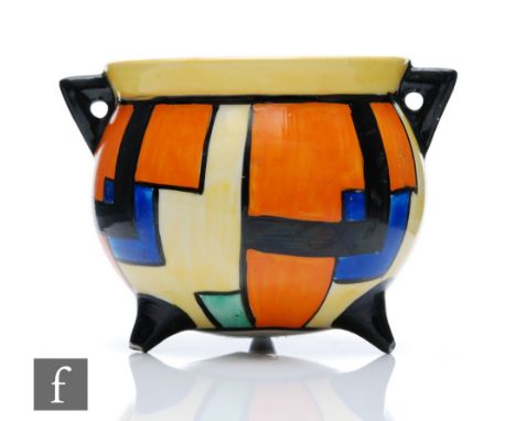 Clarice Cliff - Mondrian - A cauldron circa 1929, hand painted in an abstract block and line design with yellow and black ban