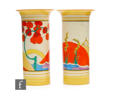 Clarice Cliff - Bridgewater - A matched pair of shape 195 vases circa 1934, each hand painted with a stylised riverside lands