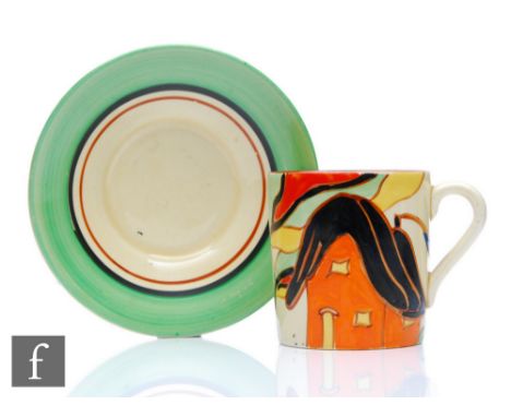 Clarice Cliff - Orange House - A Tankard shape coffee cup and saucer circa 1930, hand painted with a stylised tree and cottag