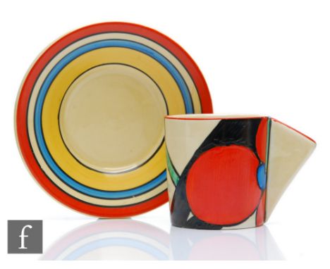 Clarice Cliff - Picasso Flower (Red) - A Conical coffee cup and saucer circa 1930, hand painted with an abstract flower and l