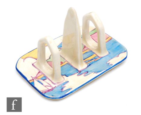 Clarice Cliff - Gibraltar - A toast rack circa 1932, hand painted with a stylised coastal landscape with sailing boats, Bizar