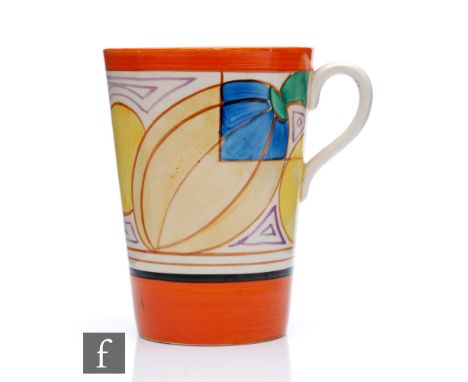 Clarice Cliff - Melon - A handled beaker circa 1930, hand painted with a band of abstract fruit between orange and black band