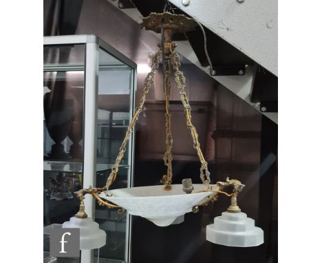 Unknown - An Art Deco plafonnier, the central frosted shade with three further suspended light fittings with frosted tiered s