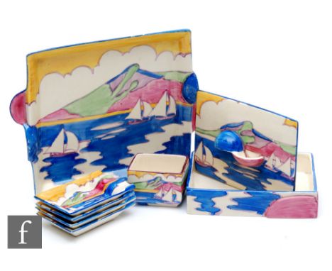 Clarice Cliff - Gibraltar - A complete shape 467 smokers set comprising rectangular tray, cigarette box, match pot and four a