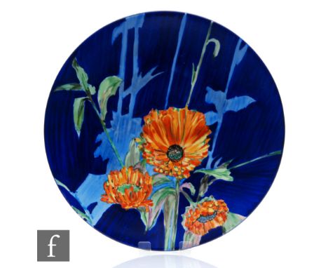 Clarice Cliff - Marigold - A large dish form wall plaque circa 1930, hand painted with marigold flowers and foliage over a tw