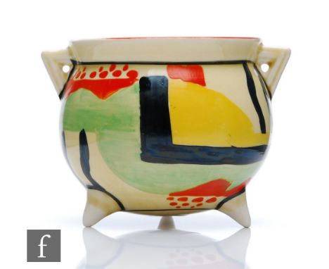 Clarice Cliff - Sunspots - A cauldron circa 1931, hand decorated with an abstract pattern of lines, triangles in red, green, 