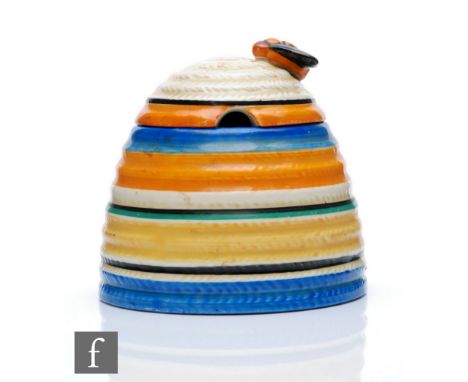 Clarice Cliff - Liberty Stripe - A large Bee Hive honey pot circa 1930, hand painted with multi-coloured bands of colour, Fan