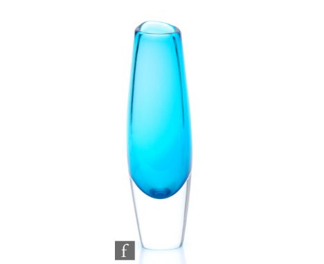 Sven Palmqvist - Orrefors - A post war glass vase of swollen sleeve form with asymmetrical rim, with a turquoise core cased i