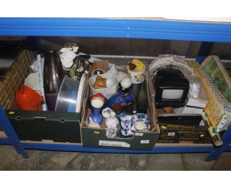 Three boxes of various sundries to include decorative china, portable television, table lamp etc.