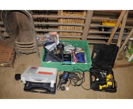 A plastic crate and contents of various tools, a Dewalt electric hammer drill, a skill drill etc