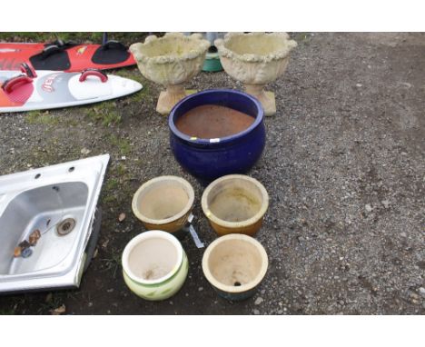A large blue glazed planter and four smaller AF