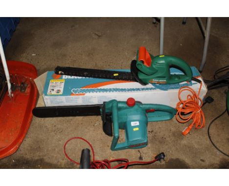 A Bosch electric chainsaw lacking power lead, together with a Black & Decker electric trimmer with original box