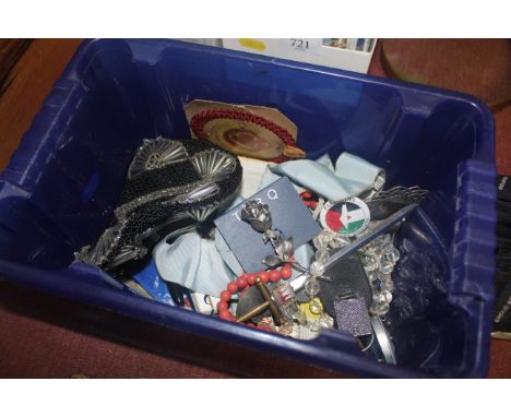 A box containing beadwork purse; fountain pens; costume jewellery; coins etc.