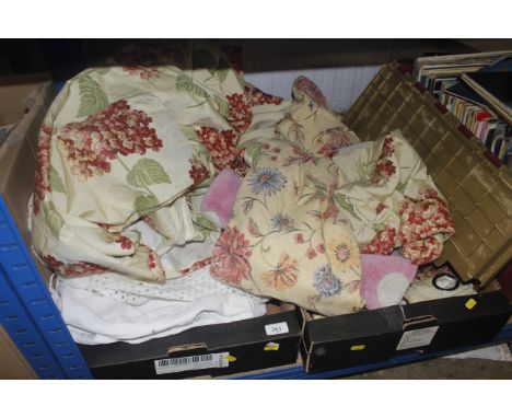 Two boxes of textiles to include curtains 