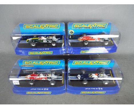 Scalextric 4 x Lotus Type 49 models in different liveries/ # C2964, # C3031, # C3092, # C 3311. All models appear Mint in Nea