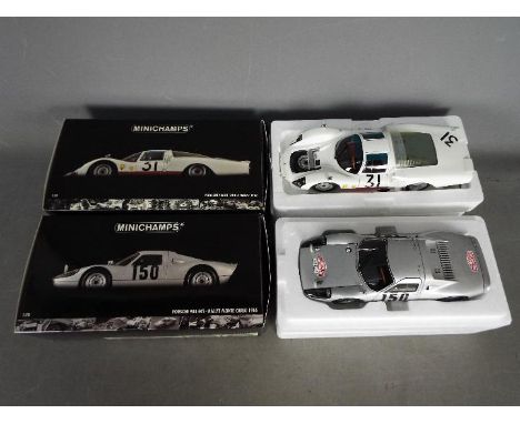 Minichamps - Porsche 904 GTS and Porsche 906 LH in 1:18 scale. # 656750, # 666131. The 904 GTS is in 1965 Monte Carlo Rally t