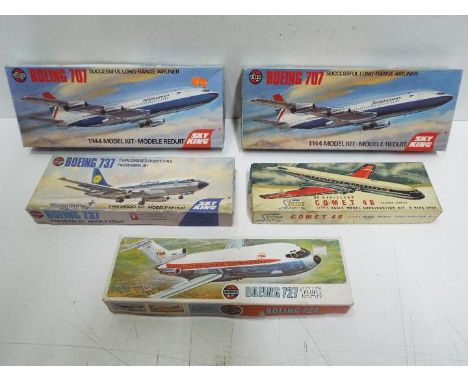 Airfix - Five boxed 1:144 scale plastic model aircraft kits by Airfix. Lot consists of SK500 Comet 4B; #03173 Boeing 727; #03