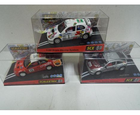 SCX - Scalextric - 3 x rally slot cars including Citroen Xsara WRC # 6077, Toyota Corolla # 60340, Renault Megane # 60540 all
