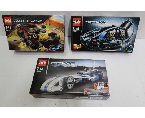 LEGO - Three boxed Lego sets. Lot consists of Lego Technic #42033 'Record Breaker'; Technic #42002 'Hovercraft'; and Racers #