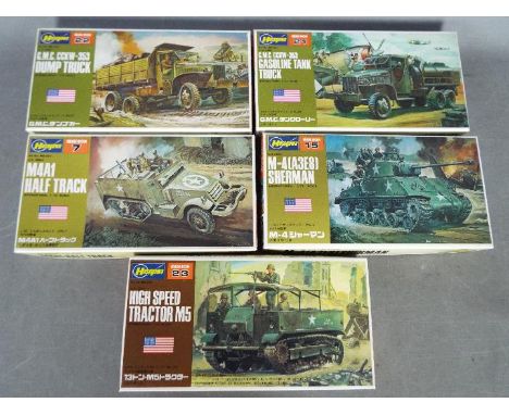 Hasegawa - A battalion of five boxed 'Mini Box' plastic military vehicle model kits in 1:72 scale by Hasegawa . Lot contains 