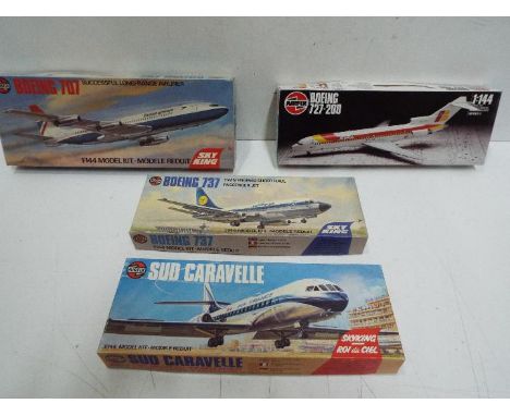 Airfix - Four boxed 1:144 scale plastic model aircraft kits by Airfix. Lot consists of #03175 Boeing 737; #03177 SUD Caravell