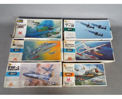 Hasegawa - Six boxed vintage 1:72 scale plastic model aircraft kits from Hasegawa. Lot includes E20 'Blue Impulse' T-2 JASDF 