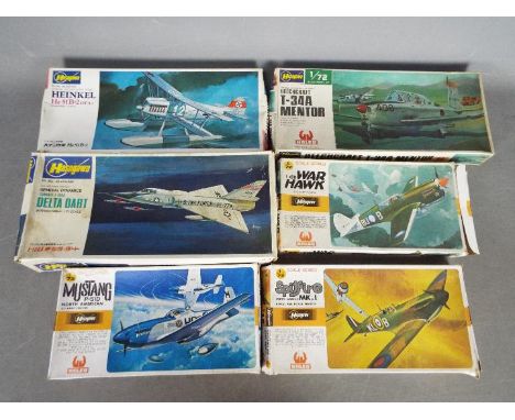 Hasegawa - Six boxed vintage 1:72 scale plastic model aircraft kits from Hasegawa. Lot includes A28 P-40N War Hawk; A15 Super