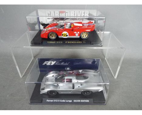 Fly -  2 x Ferrari 512 S slot car models # C3 N.A.R.T Buenos Aires 1971 model, # 88118 512 S Coda Lunga Silver Edition. The c