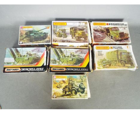 Matchbox - A regiment of seven Matchbox 1:72 scale military vehicle model kits. Lot includes PK172 Morris C8; PK174 M19 Tank 