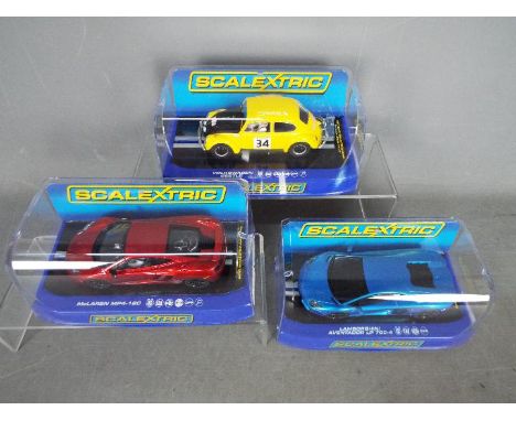 Scalextric - 3 x cars including Lamborghini Murcielago, McLaren MP4-12C, VW Beetle. # C3264, # C3396, # C3412. All models app