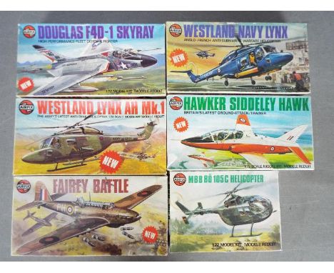 Airfix - Six boxed vintage plastic model aircraft kits in 1:72 scale by Airfix. Lot includes #03026 HS Hawk; #3027 Douglas F4