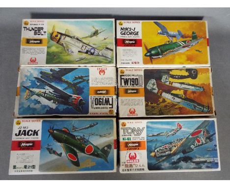 Hasegawa - Six boxed vintage 1:72 scale plastic model aircraft kits from Hasegawa. Lot includes A8 Republic P-470 Thunderbolt