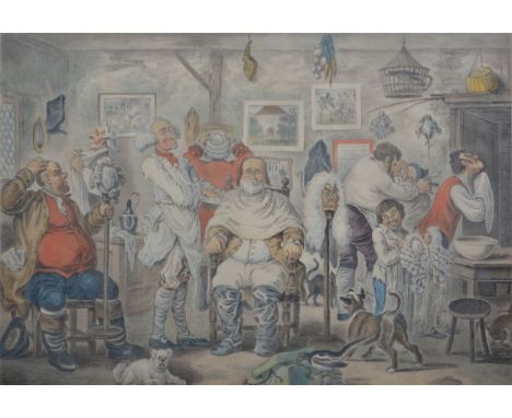 After James Gillray, A barber's shop in Assize time or The Last Work of the Late James Gillray, coloured print, approximately