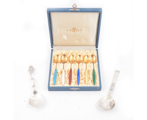 Tostrup of Norway - cased set of harlequin enamel gilt spoons, marked 925S, fitted case marked Tostrup 1832, a T H Marthinsen