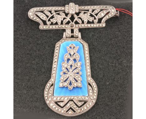 A French Art Deco silver set marcasite bar brooch, open work pin with leaf spray in frame, 40mm wide with pendant fob attache