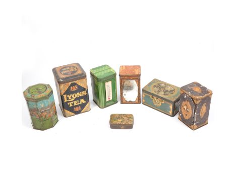 Seven early 20th century tea tins; mostly Lyons' Tea including, The Grand National Drink tin, octagonal form with spinning ga