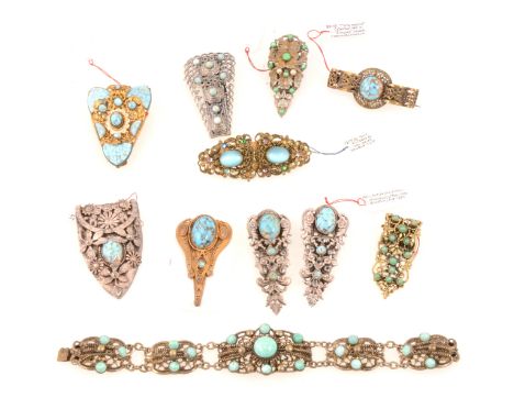 Eleven vintage items of costume jewellery set with faux turquoise, 1930's, an ornate bracelet with five filigree links, round